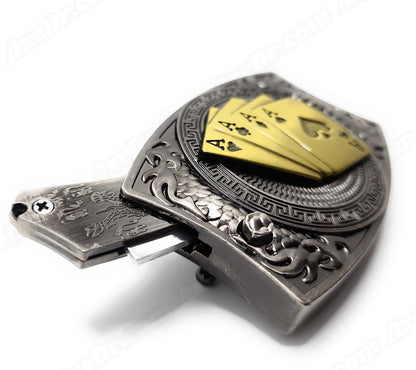 4 Aces Click-In Folding Knife Belt Buckle Push-Button-Release