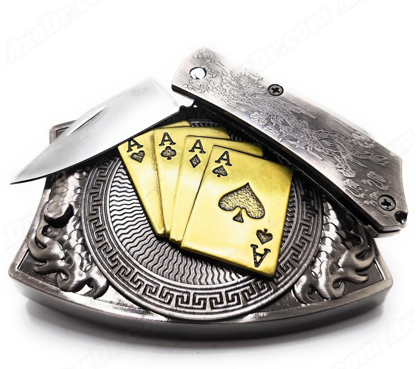 4 Aces Click-In Folding Knife Belt Buckle Push-Button-Release