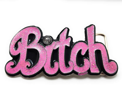 Pink BITCH Bubble Letter Belt Buckle with Rhinestone Funny