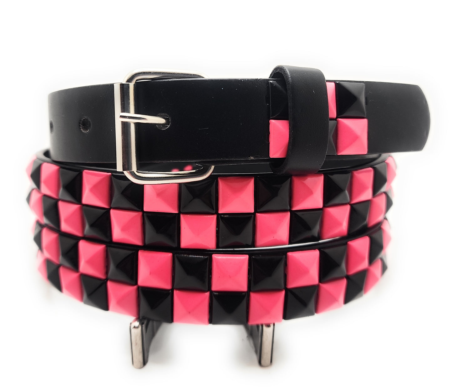 Pink and Black Checker 2-Row Pyramid Studded Belt Punk