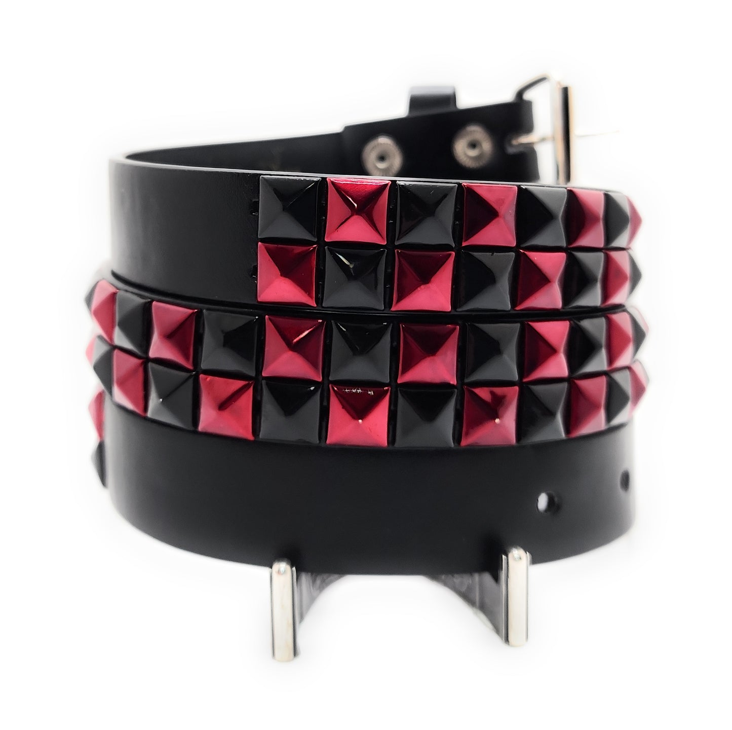 Metallic Red and Black Checker 2-Row Pyramid Studded Belt Punk