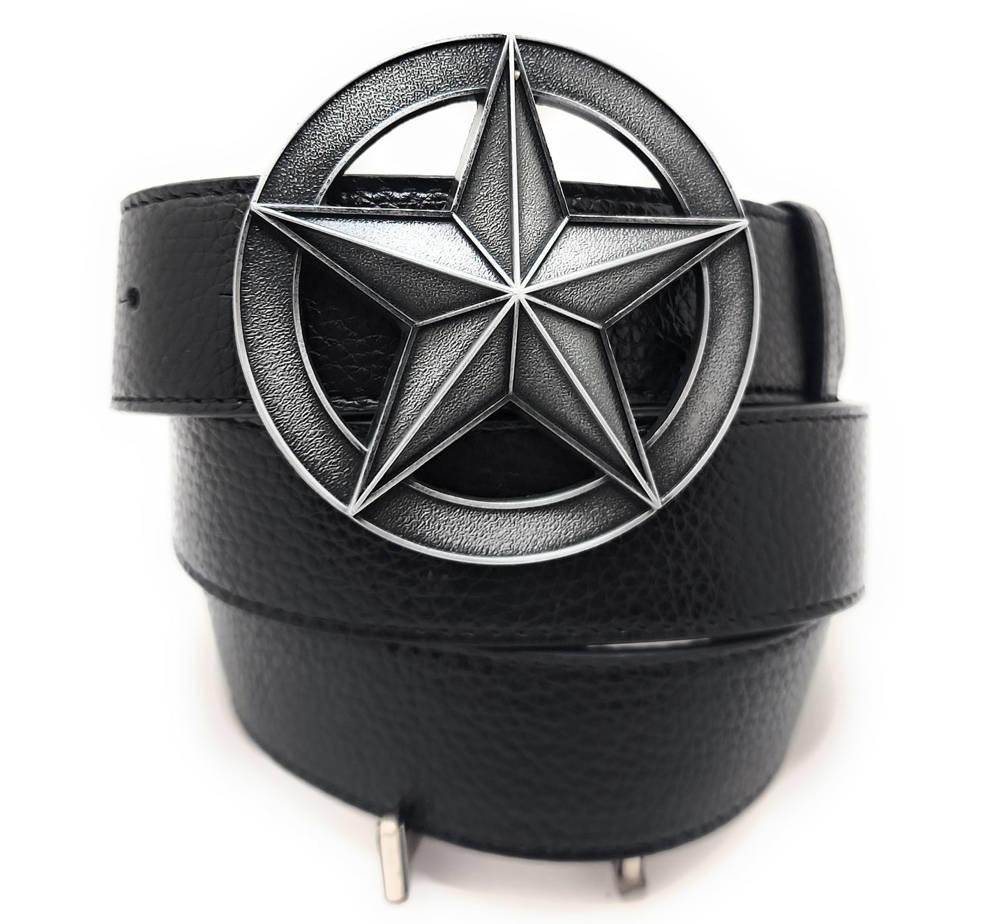 Antique Silver Star Belt Buckle with Black Vegan Leather Belt