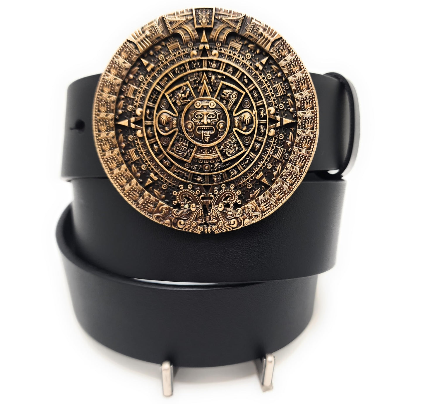 Antique Bronze Aztec Calender Buckle & Genuine Cow Leather Belt Combo