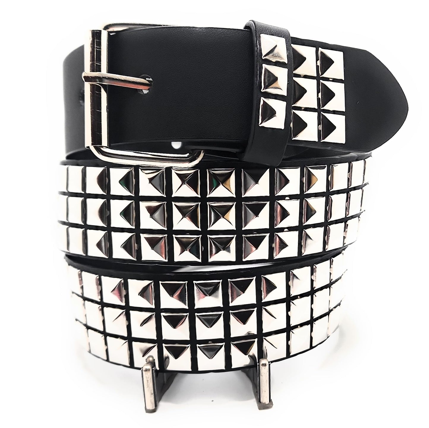Silver on Black 3-Row Pyramid Studded Belt Punk