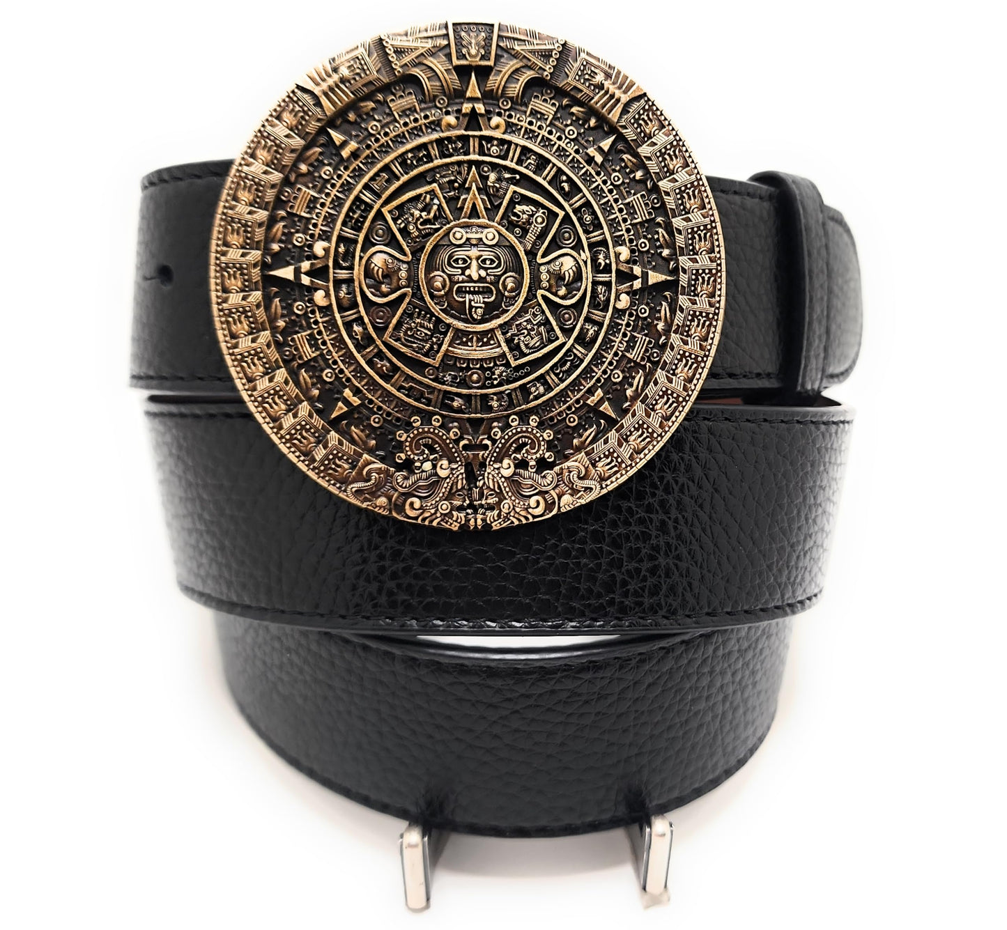 Bronze Aztec Calender Belt Buckle with Black Vegan Leather Belt