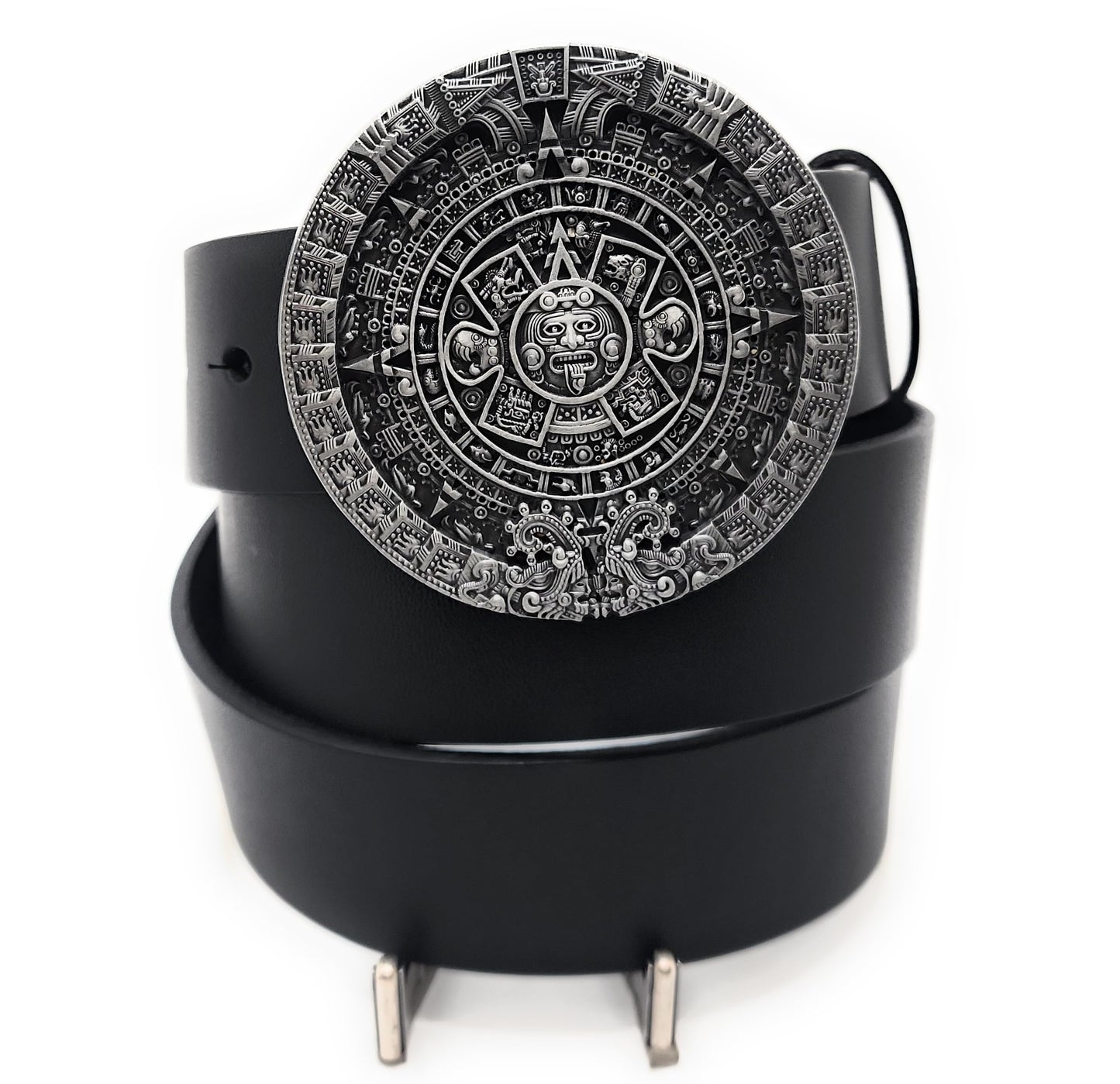 Antique Silver Aztec Calender Buckle & Genuine Cow Leather Belt Combo