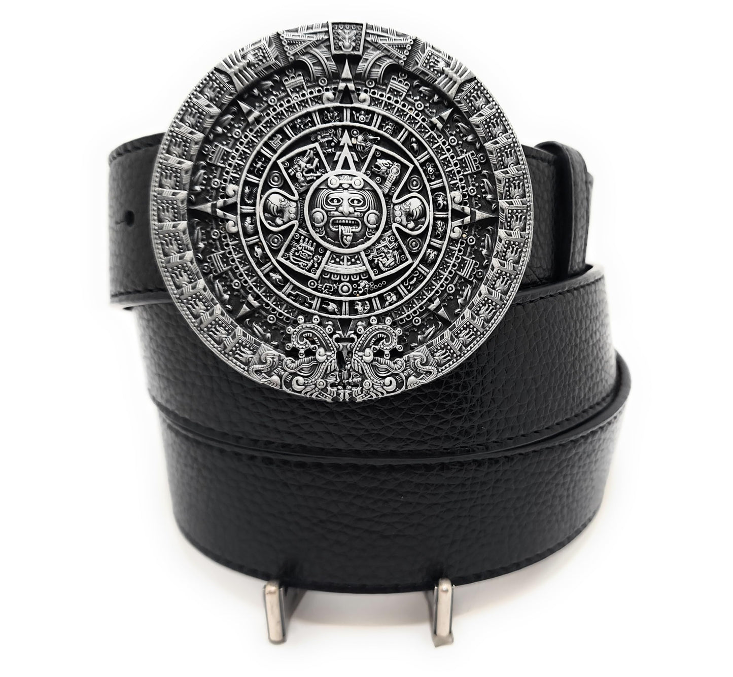 Silver Aztec Calender Belt Buckle with Black Vegan Leather Belt