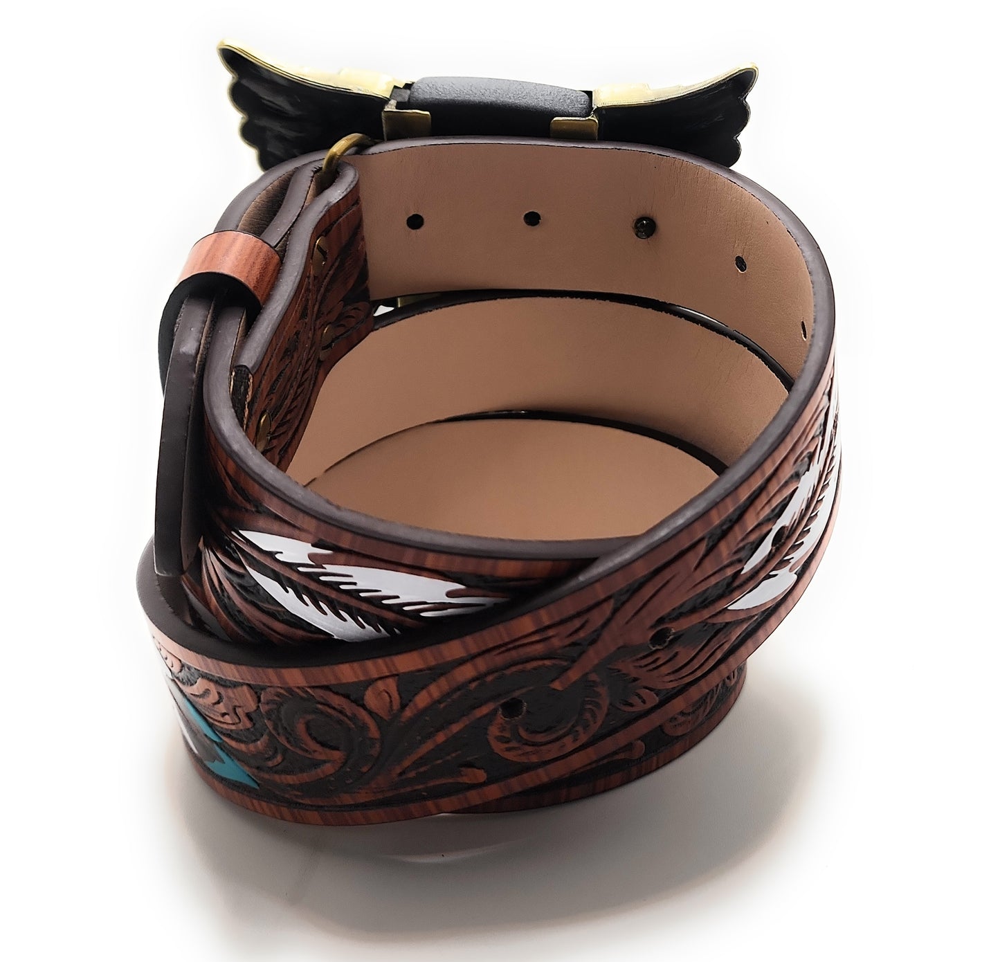 Gold Eagle Wings Lighter Belt Buckle and Painted Feather Carved-wood Belt – Refillable Hidden Lighter, Trim-to-Fit Up to 46 in Belt