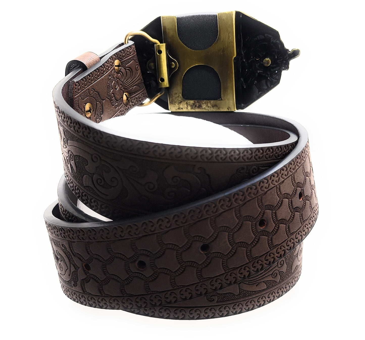 Gold Skull Fangs Grinning Skulls Lighter Belt - Lighter Belt Buckle & Mohagany Embossed Ornate Carved Belt