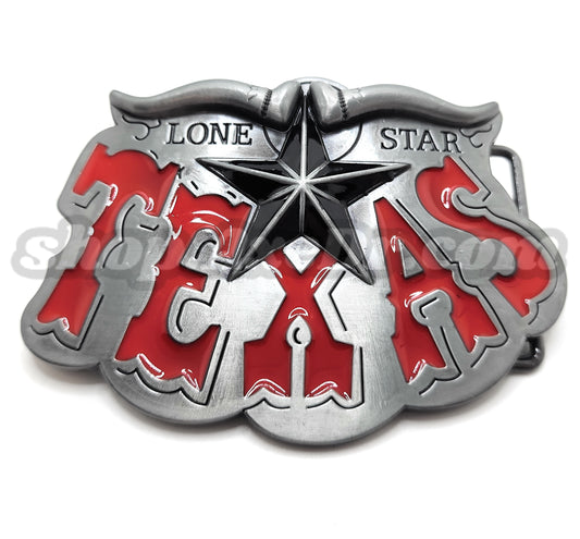 Red Texas Lone Star Belt Buckle with Horns and Star