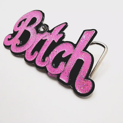 Pink BITCH Bubble Letter Belt Buckle with Rhinestone Funny