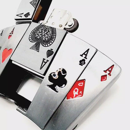 Poker All Aces Belt Buckle Lighter Holder with Ace of Spades Lighter Mens Western Cowboy Hidden Stash