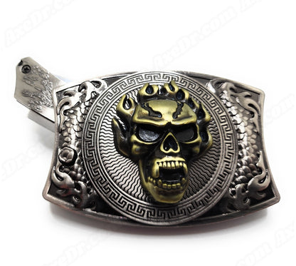 Gold Skull Folding Knife Belt Buckle Push-Button-Release