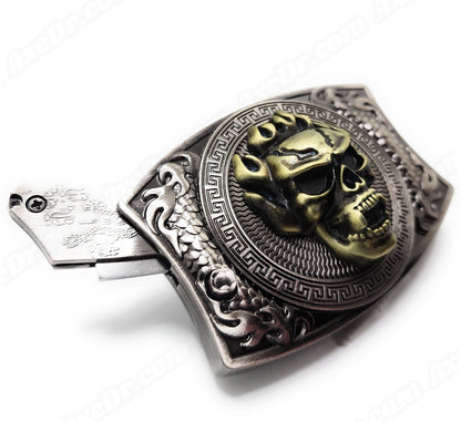 Gold Skull Folding Knife Belt Buckle Push-Button-Release