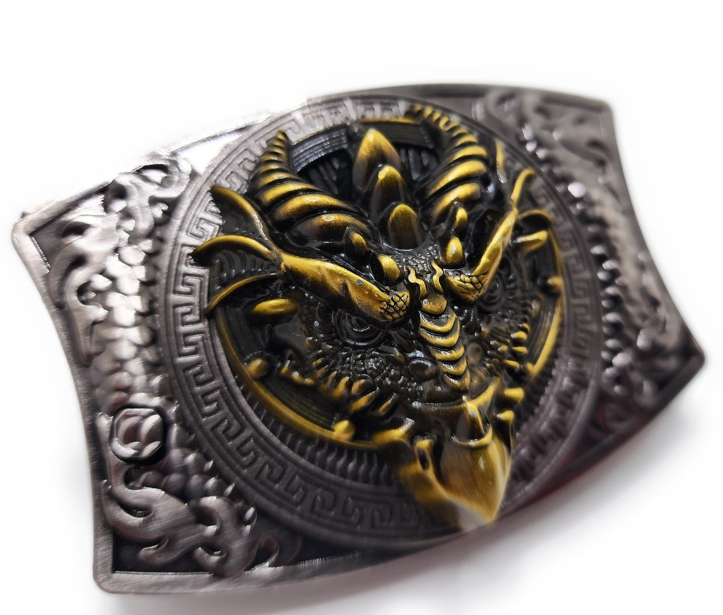 Gold Dragon Head Folding Knife Belt Buckle Push-Button-Release