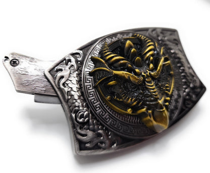 Gold Dragon Head Folding Knife Belt Buckle Push-Button-Release