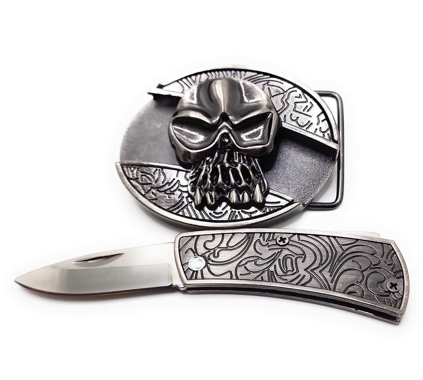 Silver Skull Folding Knife Belt Buckle