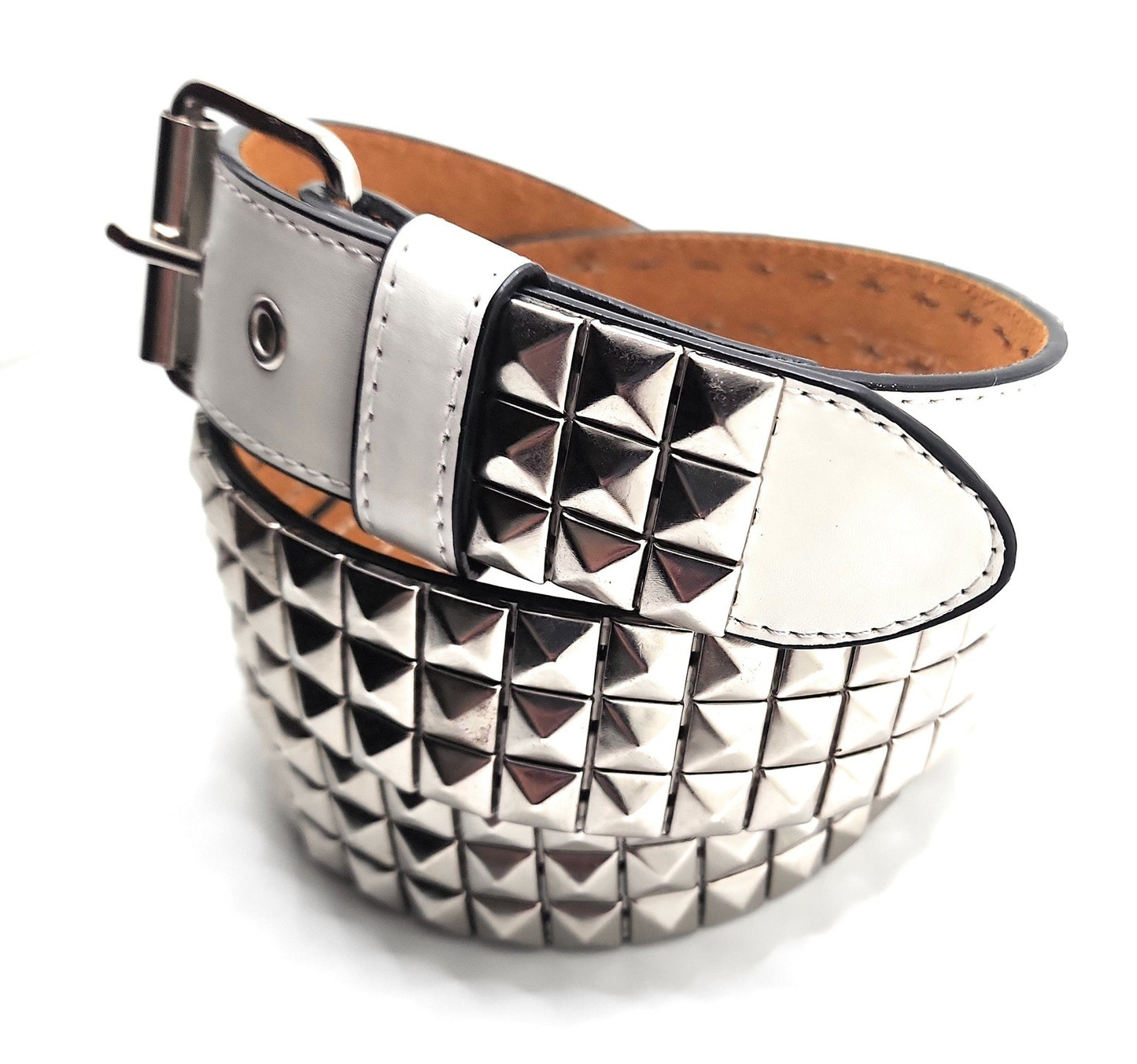 Stitched White Leather Belt with Silver Studs Punk