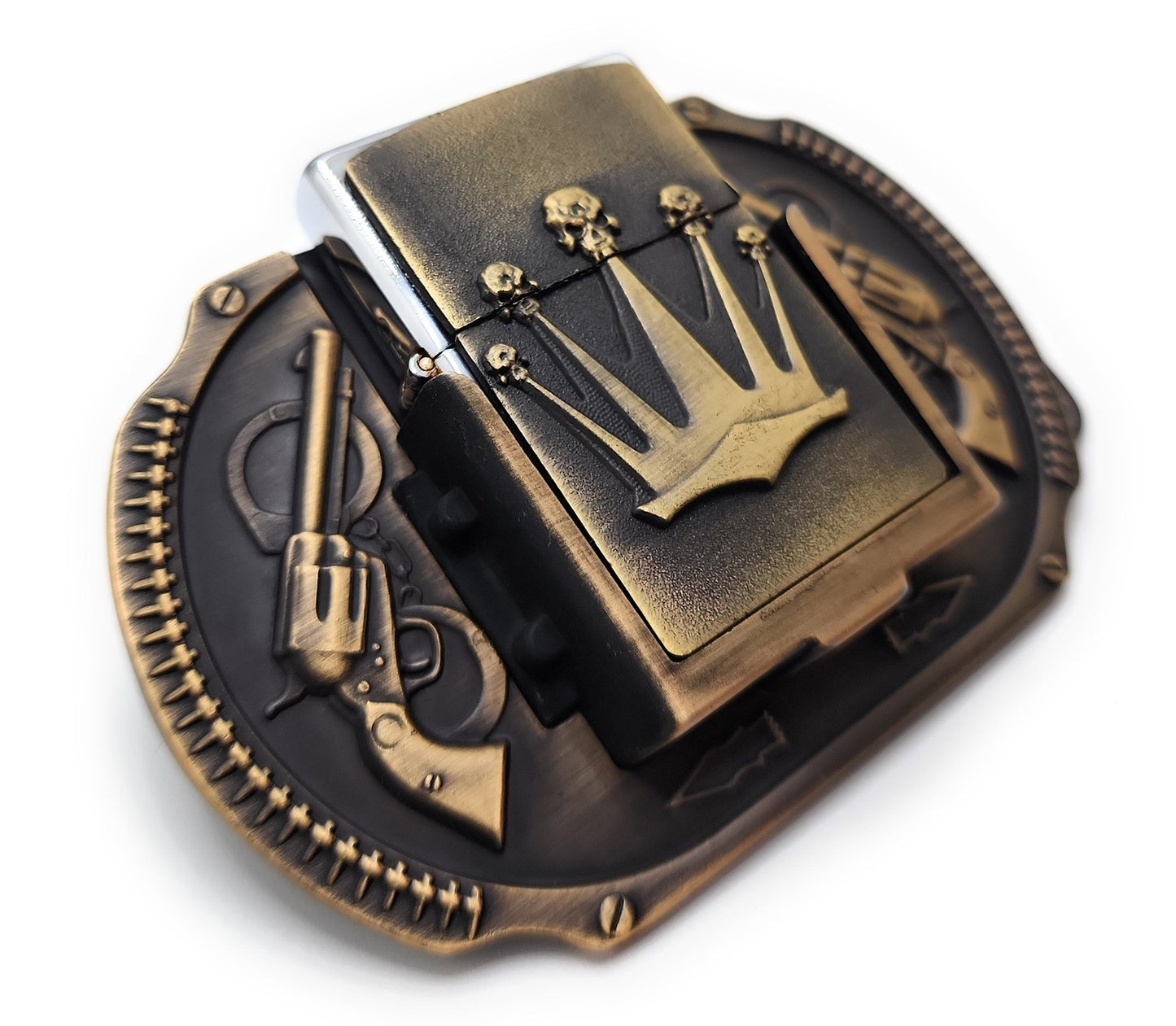 Crown & Revolvers Lighter Belt Buckle Bronze Lighter Holder