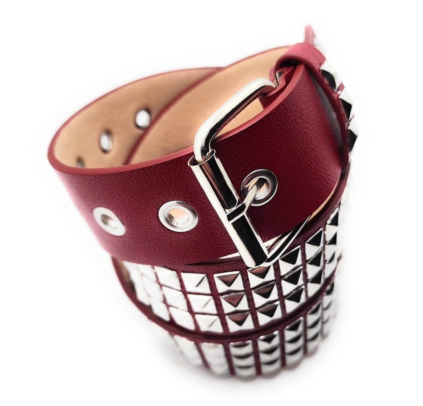 Silver on Dark Red Studded Belt Trim-to-Fit