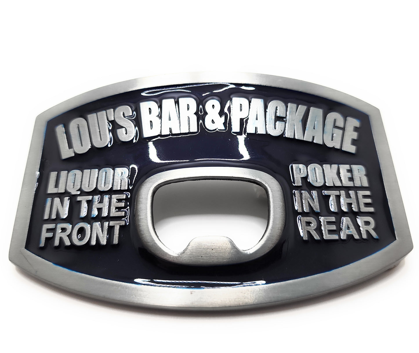 Lou's Bar & Package Belt Buckle Bottle Opener