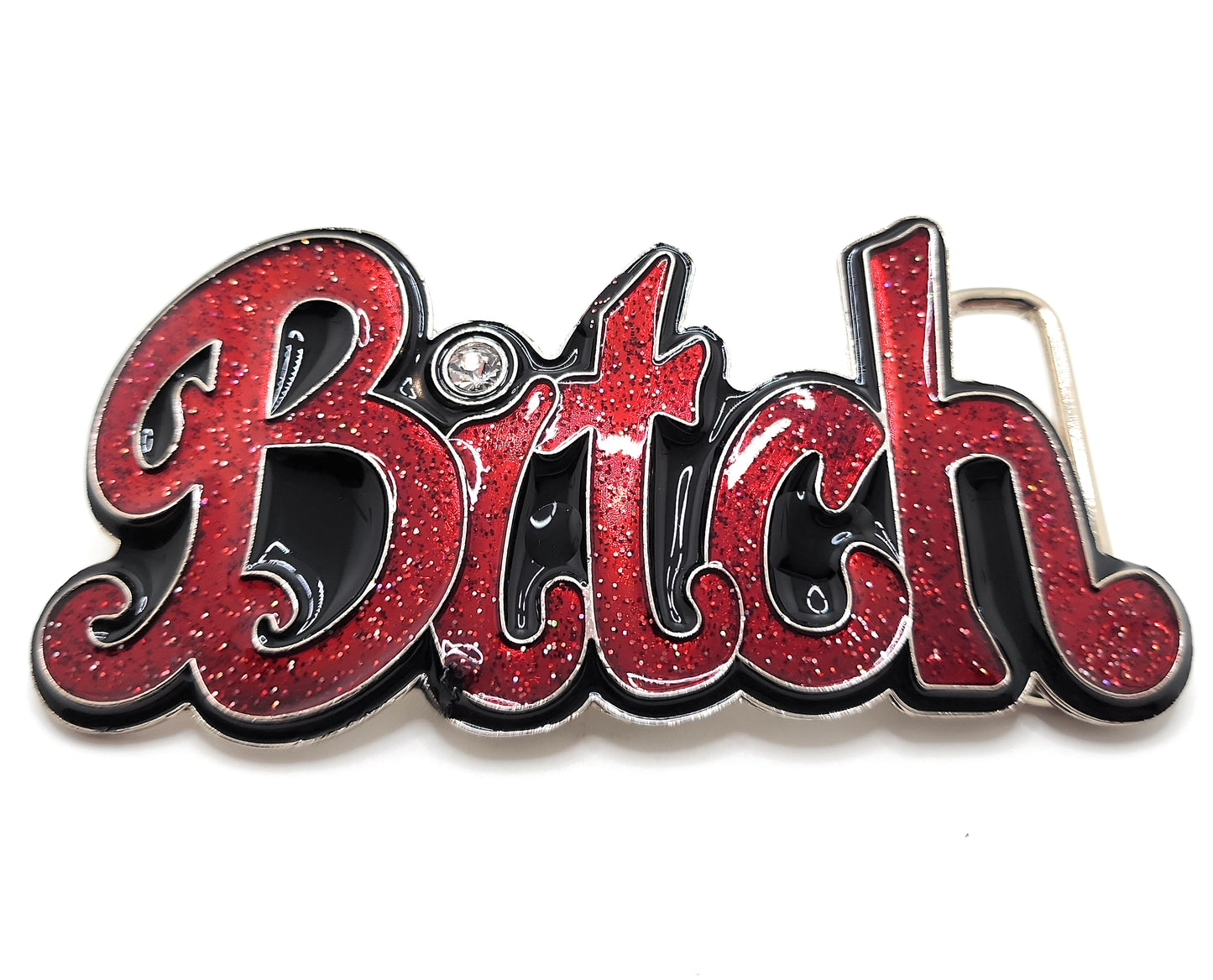 Red "Bitch" Bubble Letter Belt Buckle with Rhinestone Funny