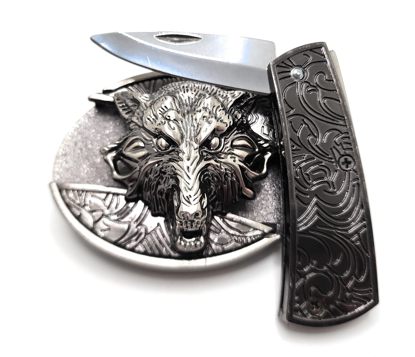 Wolf Head Silver Folding Knife Belt Buckle