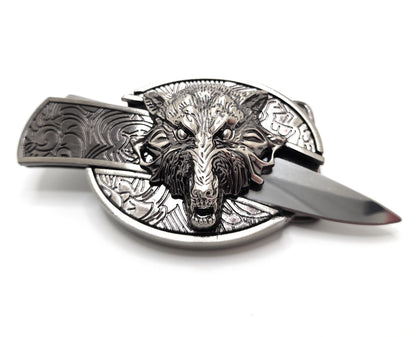 Wolf Head Silver Folding Knife Belt Buckle