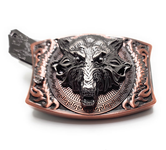 Brushed Copper Wolf Head Folding Knife Belt Buckle Push-Button-Release