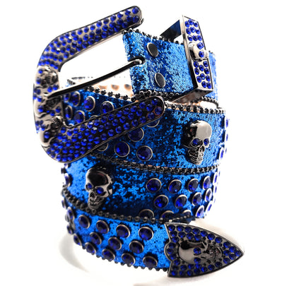 Deep Blue and Chrome Rhinestoned Sparkle Skull Studded Belt