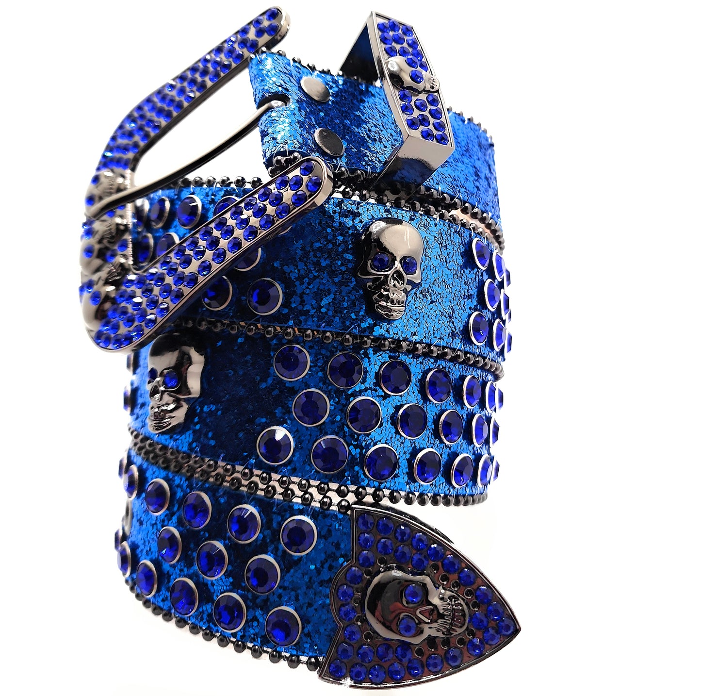 Deep Blue and Chrome Rhinestoned Sparkle Skull Studded Belt