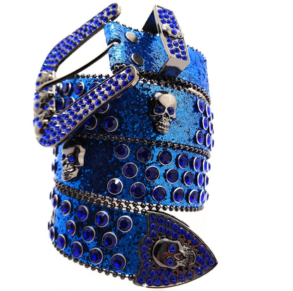 Deep Blue and Chrome Rhinestoned Sparkle Skull Studded Belt