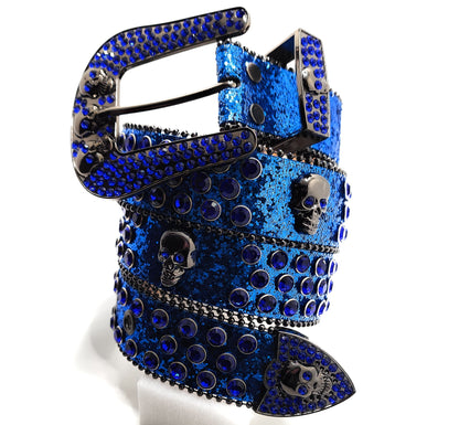 Deep Blue and Chrome Rhinestoned Sparkle Skull Studded Belt