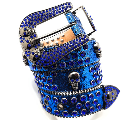 Deep Blue and Chrome Rhinestoned Sparkle Skull Studded Belt