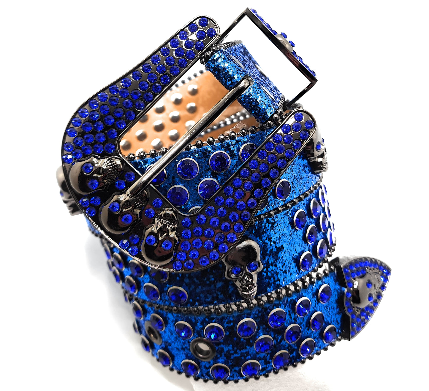 Deep Blue and Chrome Rhinestoned Sparkle Skull Studded Belt