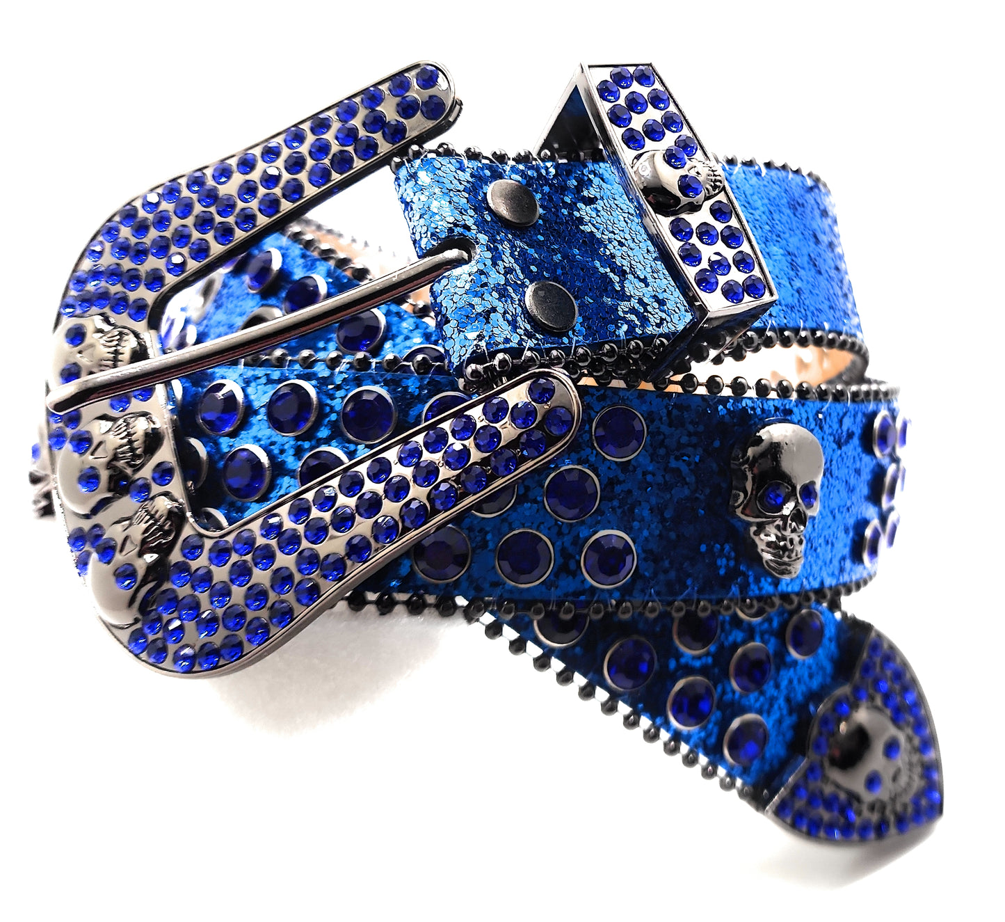 Deep Blue and Chrome Rhinestoned Sparkle Skull Studded Belt