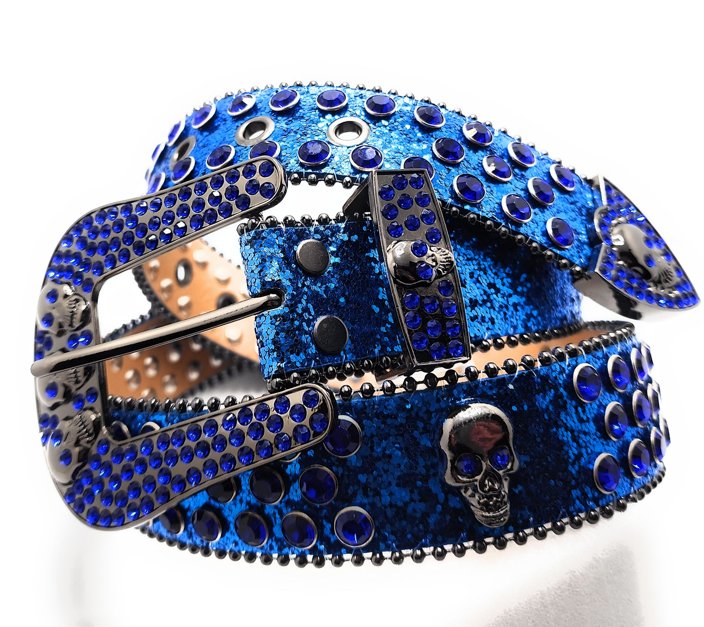 Deep Blue and Chrome Rhinestoned Sparkle Skull Studded Belt