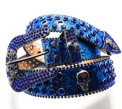 Deep Blue and Chrome Rhinestoned Sparkle Skull Studded Belt