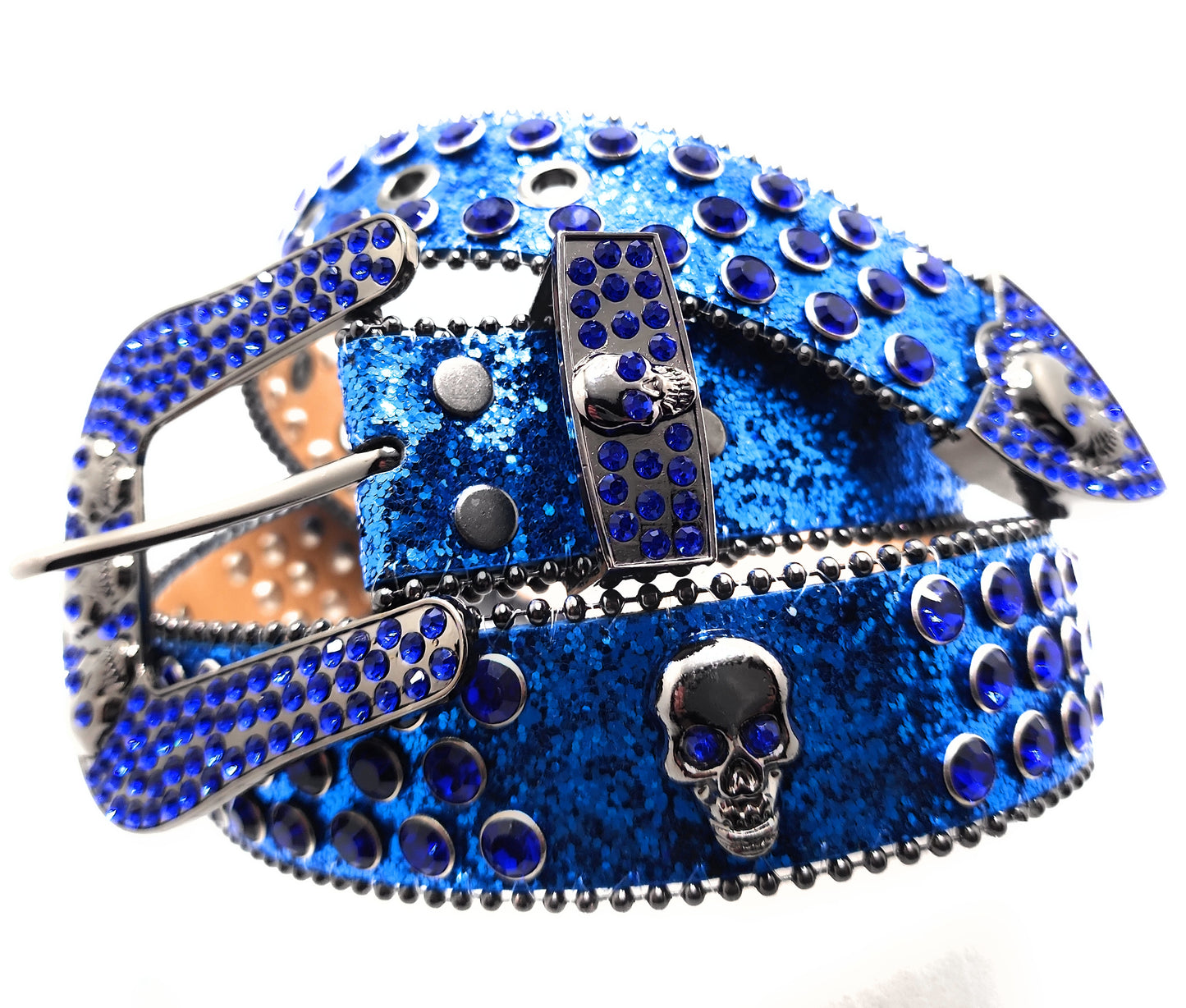 Deep Blue and Chrome Rhinestoned Sparkle Skull Studded Belt