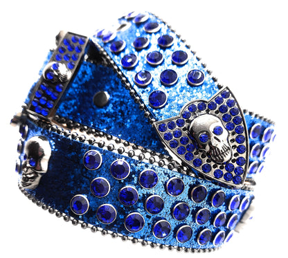 Deep Blue and Chrome Rhinestoned Sparkle Skull Studded Belt