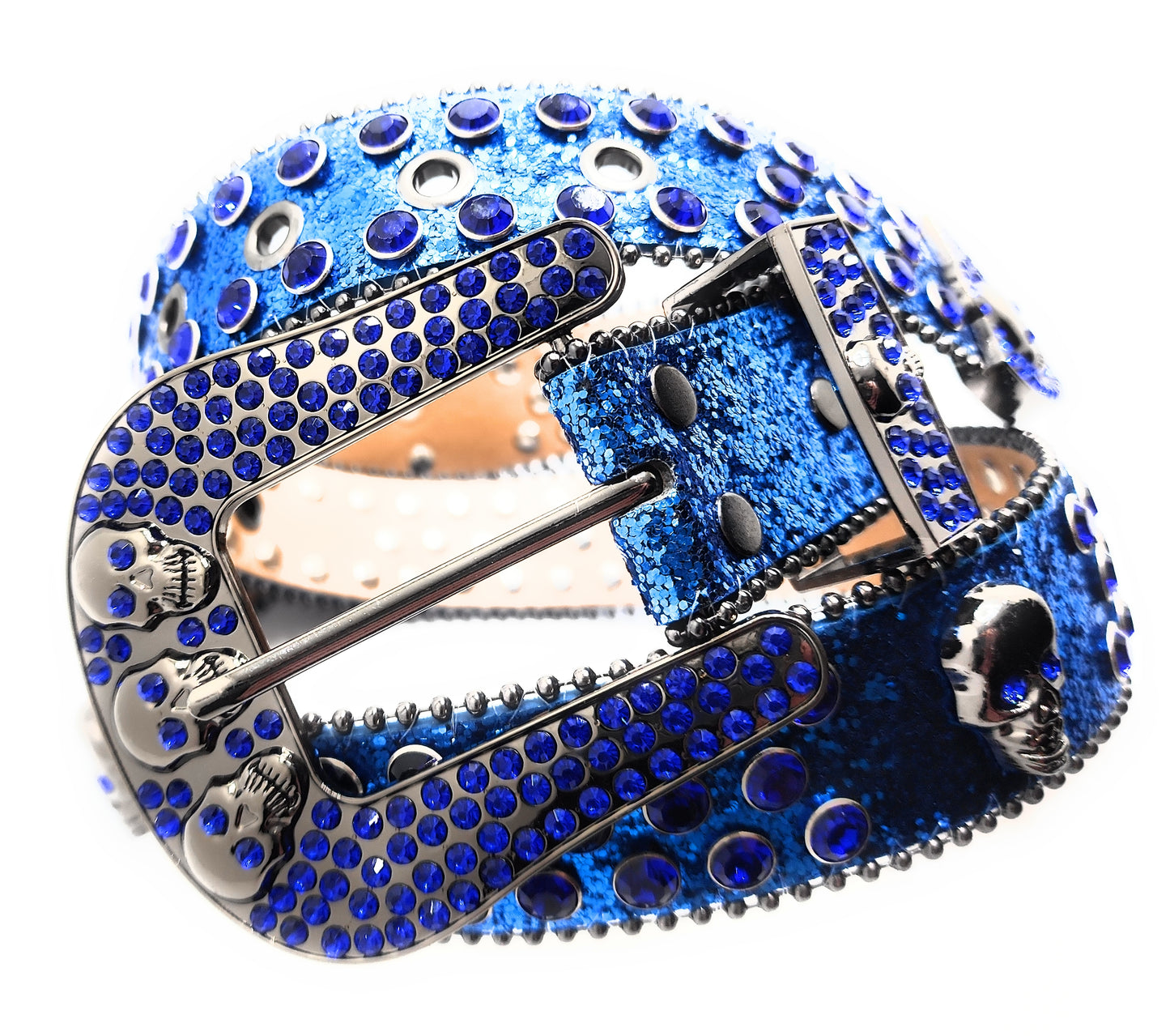 Deep Blue and Chrome Rhinestoned Sparkle Skull Studded Belt