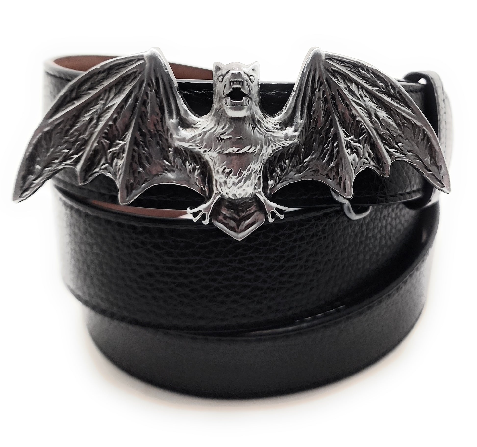 3D bat wings belt buckle on black vegan leather belt