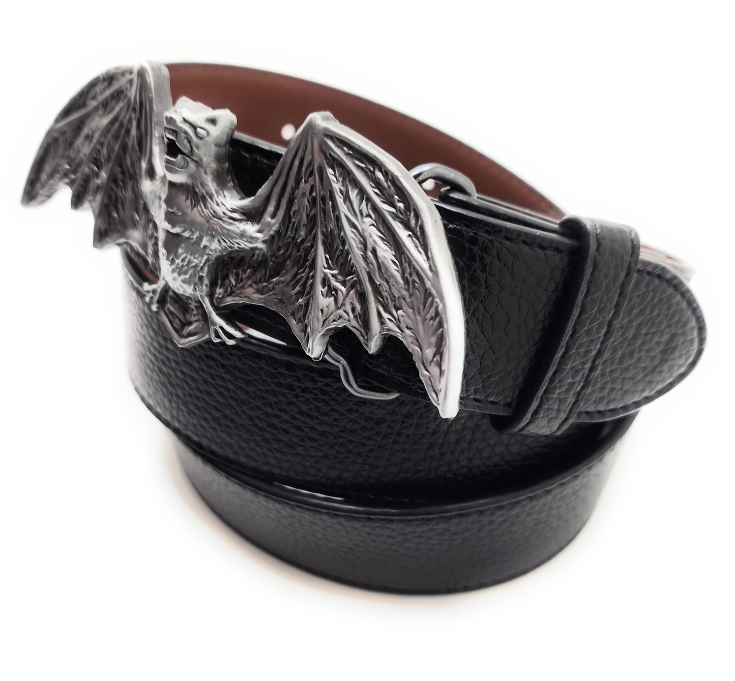 Black belt with a winged bat-shaped buckle on a white background
