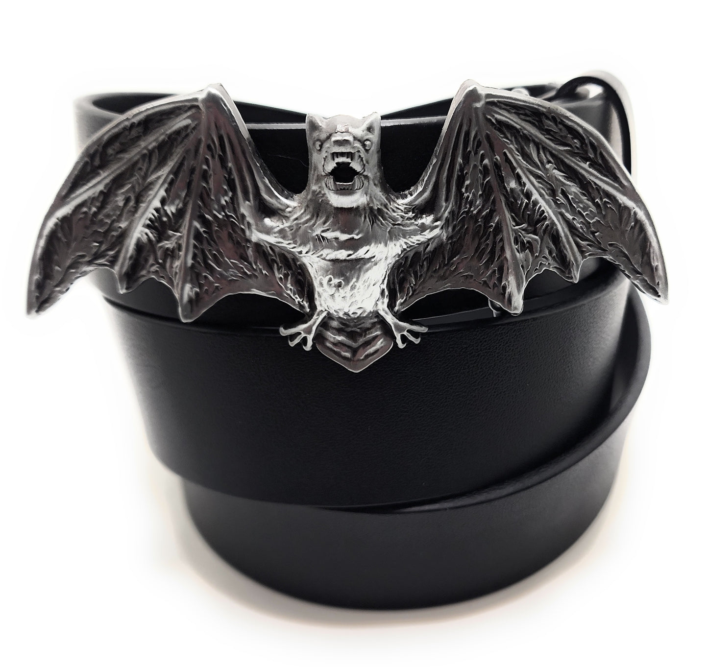 3D bat wings belt buckle on black leather belt
