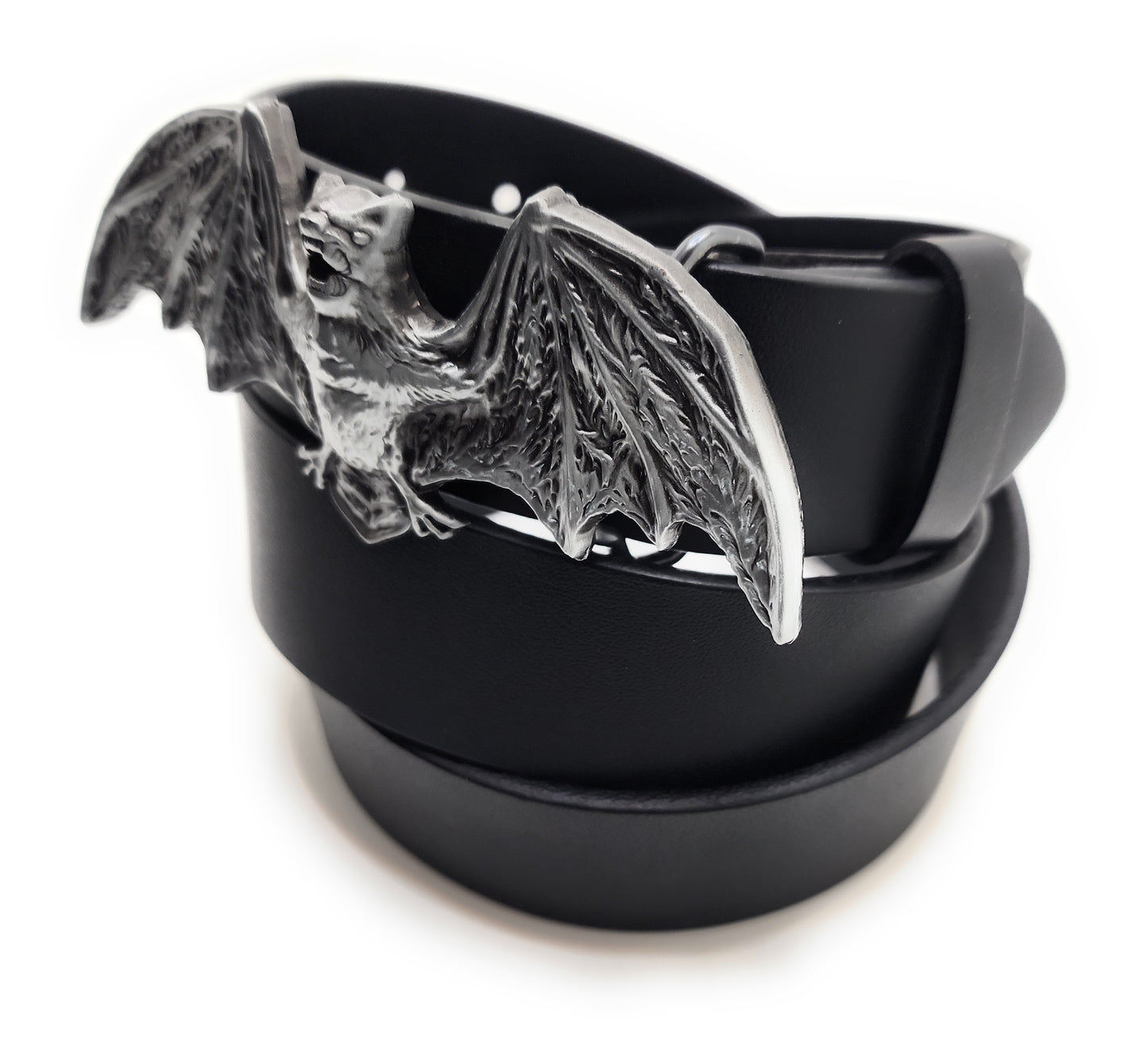 Black belt with a silver bat-shaped buckle on a white background