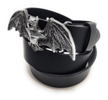 Black belt with a silver bat-shaped buckle on a white background