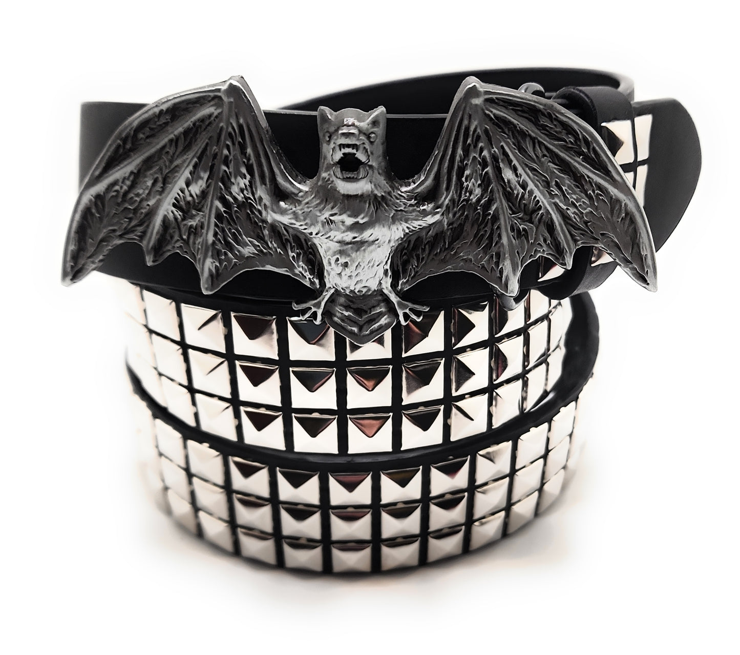 Chrome 3 Row Pyramid Studded Belt with 3D Goth bat buckle and studded design on a white background