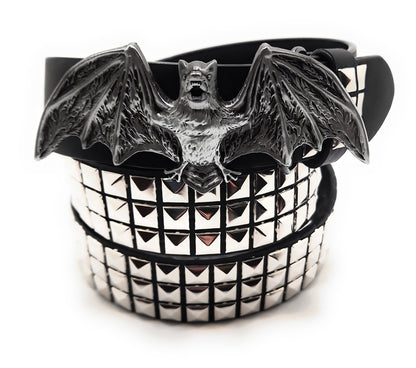 Chrome 3 Row Pyramid Studded Belt with 3D Goth bat buckle and studded design on a white background
