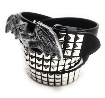 Black belt with a silver bat-shaped buckle on a white background