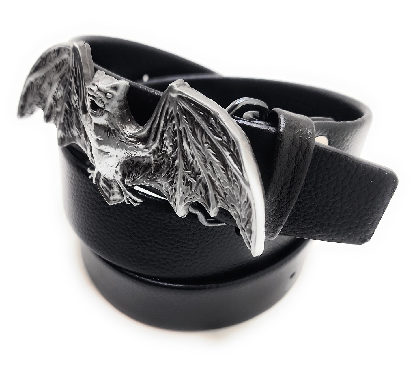 Black belt with a silver bat buckle on a white background